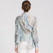 Short Shirt Women Spring Green Striped See-through Organza Turtleneck Patchwork Sexy Top
