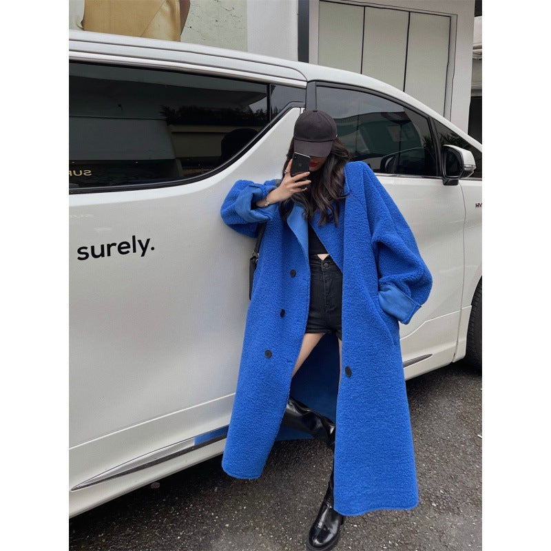 Fur Integrated Lamb Wool Medium Length Thickened Blue Coat