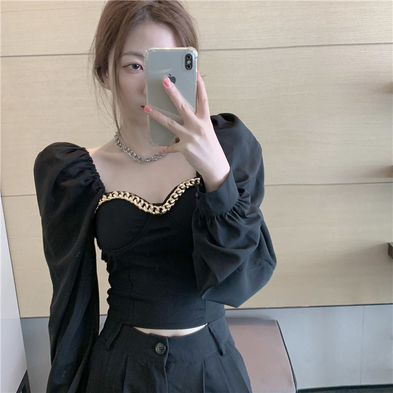 French Heart Machine Off-shoulder Chain Square Collar Top