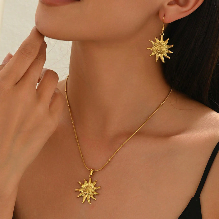 Lxalry 18K Gold Plated Sun Mirror Jewelry Set  Hypoallergenic Skin Safe Necklace   Drop Earrings For Daily Evening  Never Fade Adjustable Luxury Gift With Precision Cast Rays