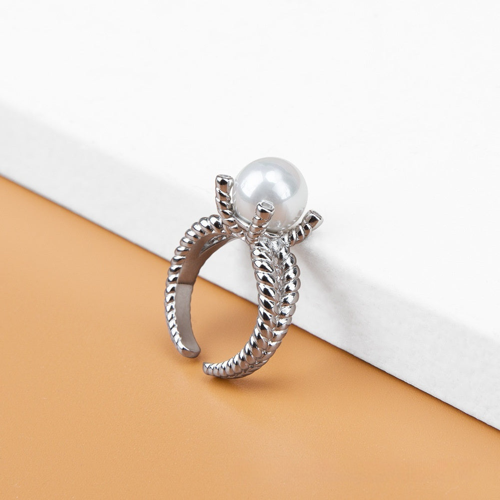 S925 Crown Pearl Ring Fashion Ins Opening Adjustable