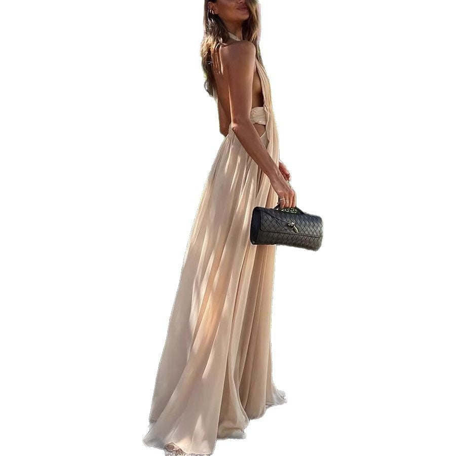 Summer Deep V-neck Long Evening Pleated Halter Backless Dress Women