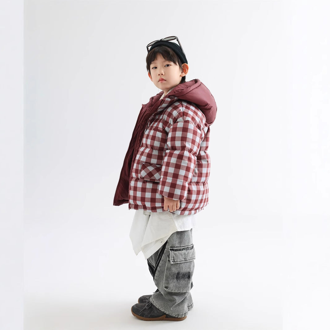 Children's Winter Warm Coat Two-sided Wear Thick Checks Tide
