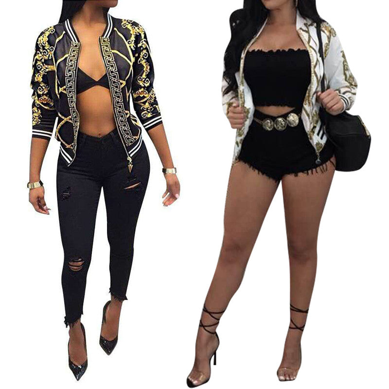 Women Positioning Printed Zipper Jacket Baseball Uniform Collar Coat