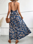 Floral Print Twist Front Cut Out Tie Backless Halter Dress Maxi Vacation Beach Outfits Women