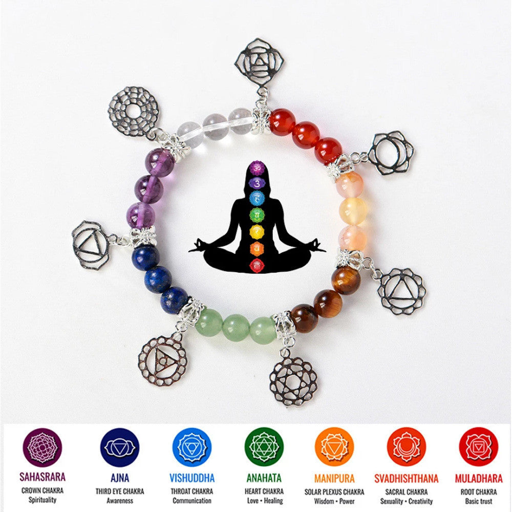 Natural Crystal Seven Chakra Bracelet Yoga Energy Silver Plated