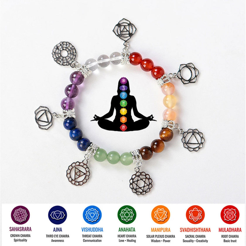 Natural Crystal Seven Chakra Bracelet Yoga Energy Silver Plated