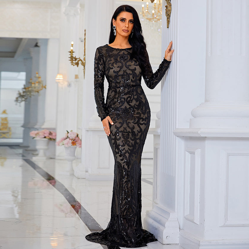 High-end Long Sleeve Temperament Crew Neck Sexy Long Sequined Banquet Evening Dress party