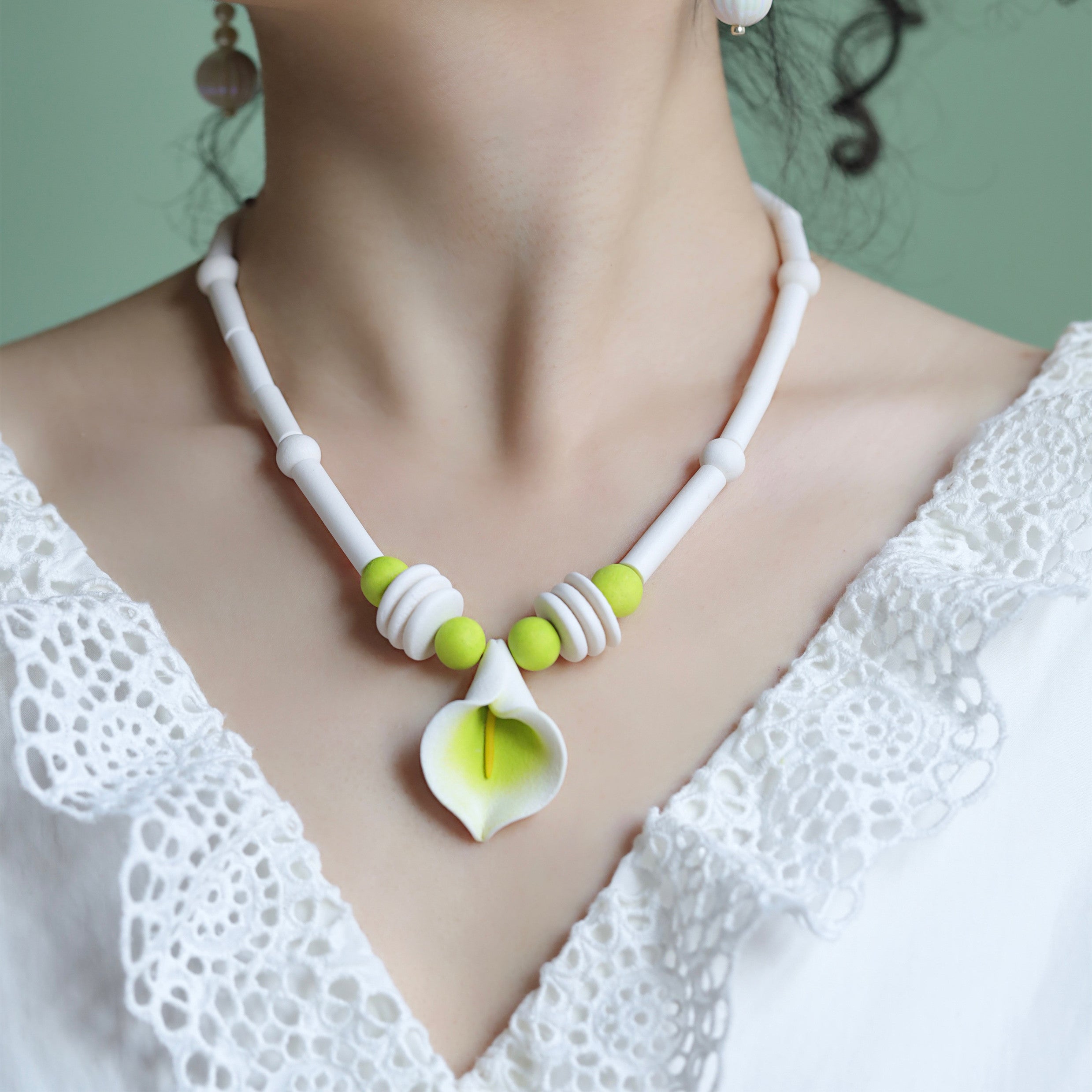 Vintage Pastoral Polymer Clay Necklace Brooch Ear Clip