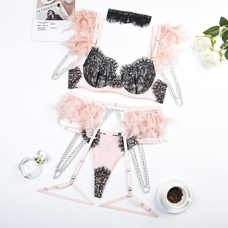 Women's Heavy Craft Metal Chain Lace Stitching Underwear Set