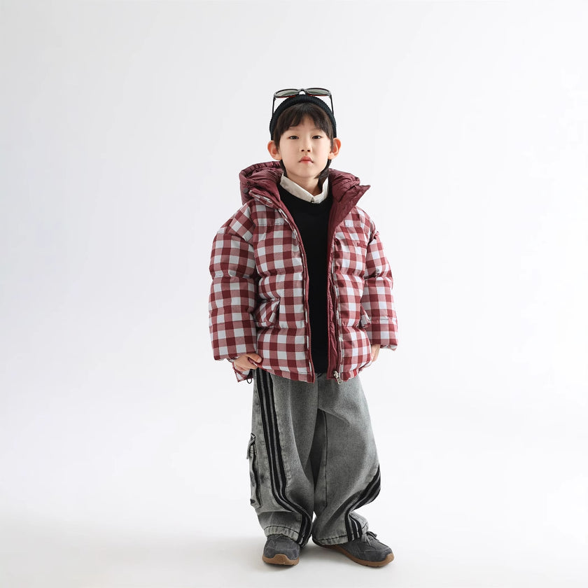 Children's Winter Warm Coat Two-sided Wear Thick Checks Tide