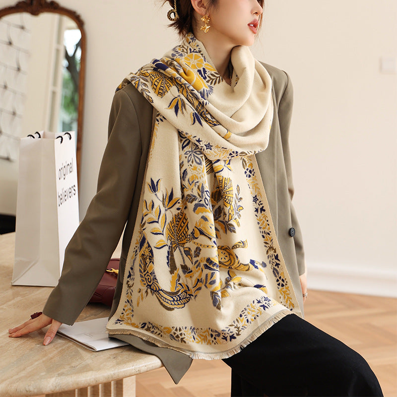 Women Double Sided Retro Carriage Warm Scarf