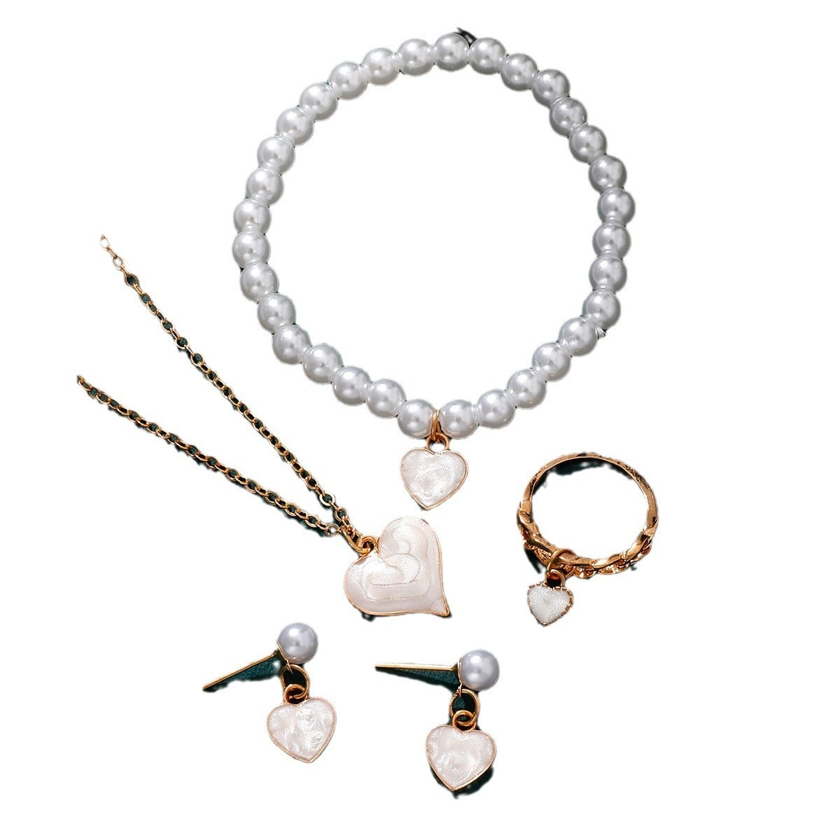 Girls Jewelry Cute All-match Oil Drop Heart Necklace Earrings Ring Bracelet Four-piece Set