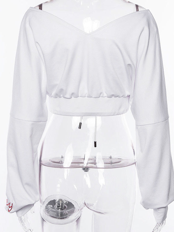 Women's Sporty V-Neck Letter Embroidered Hoodie Top