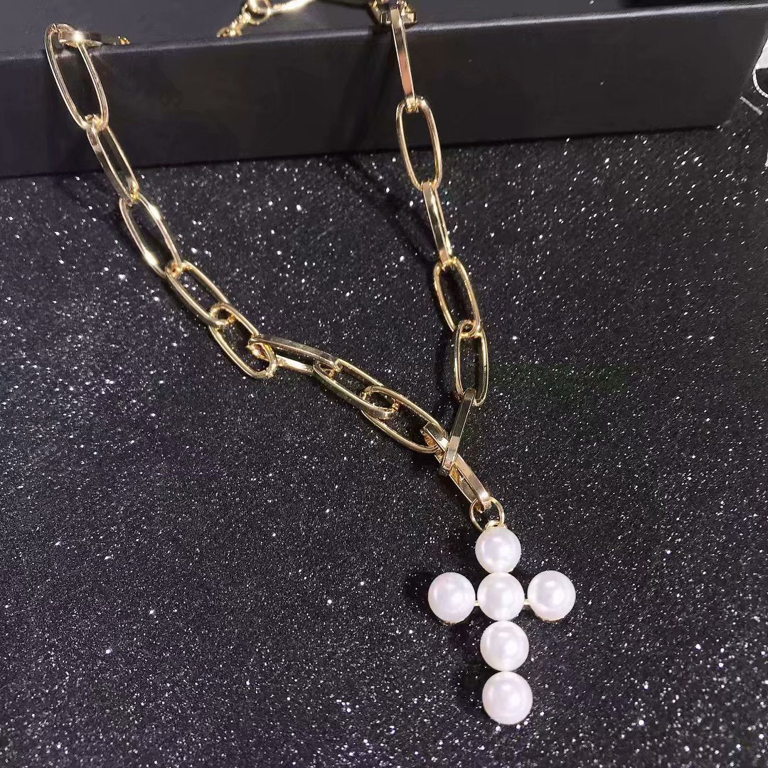Luxury Design Imitation Pearls Choker Necklace Female Cross Pendant Necklaces for Women Gold Color Fashion Coin Jewelry