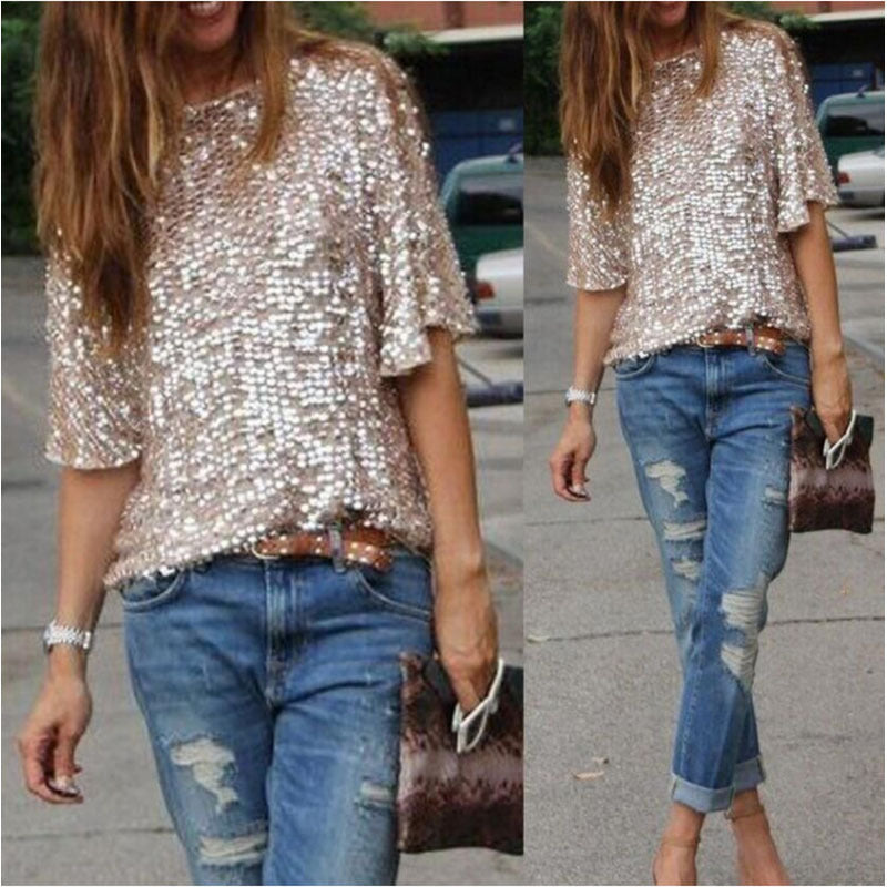 Loose Off Shoulder Sequin Glitter Blouses Summer Casual Shirts Vintage Streetwear Party Tops