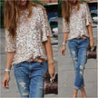 Loose Off Shoulder Sequin Glitter Blouses Summer Casual Shirts Vintage Streetwear Party Tops