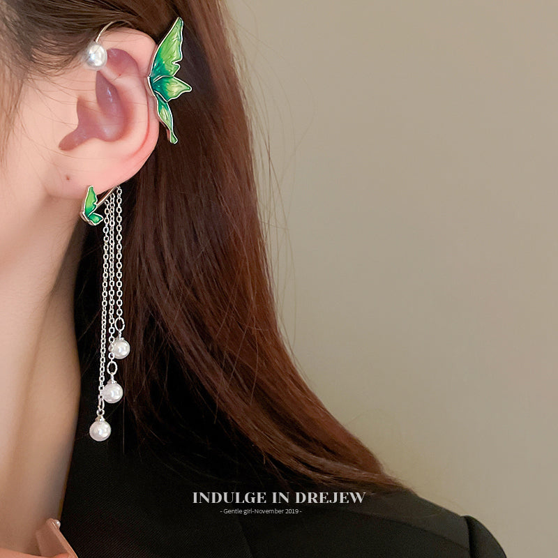 Green Pearl Butterfly Tassel Earrings Temperament