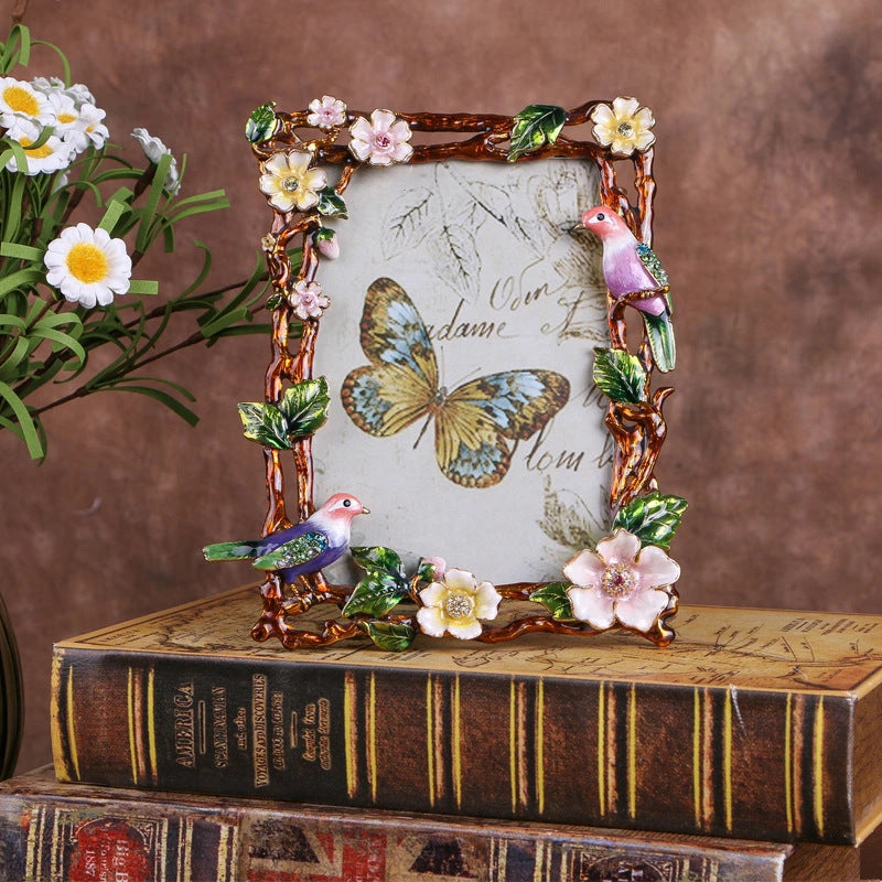 Creative Enamel Colored Metal Photo Frame With Flower And Bird Photo Frame