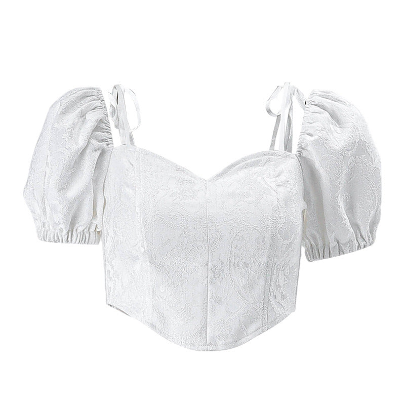 Summer French Style Square Collar Back Bow Puff Short Sleeve Top