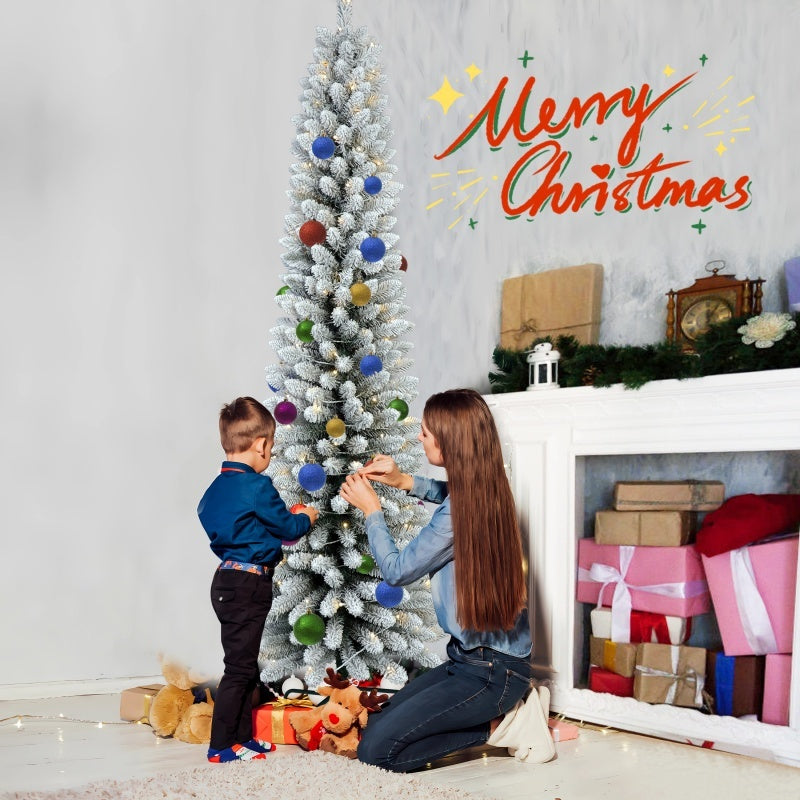 5FT 6FT 7FT Pre-Lit Flocked Pencil Christmas Tree, Artificial Fir Snow Slim Skinny Christmas Tree For Home, Office, Party Decoration WITH Branch Tips AND Warm White Lights, Metal Base