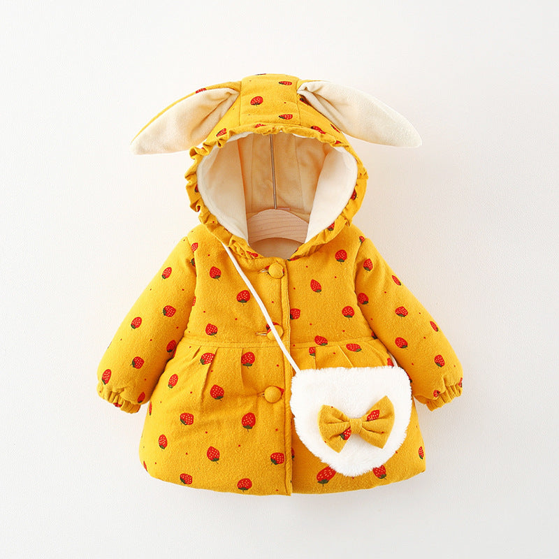Fruit Printed Fleece-lined Thickened Girls' Cotton-coat Free Bag