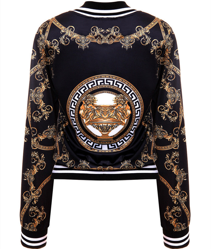 Women Positioning Printed Zipper Jacket Baseball Uniform Collar Coat