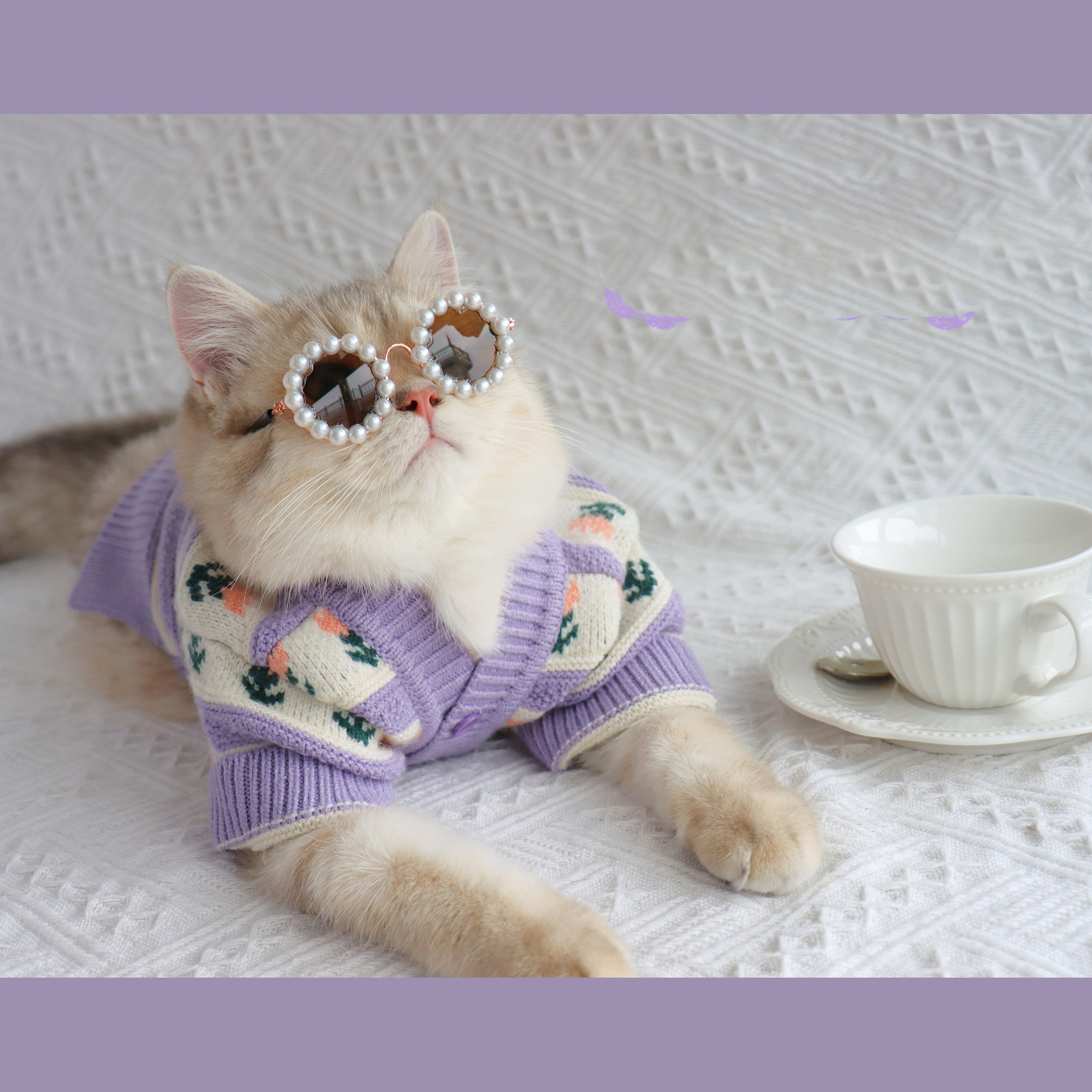 Retro Purple Flower Sweater Cute Pet Cat Dog Autumn And Winter Knitted Clothes