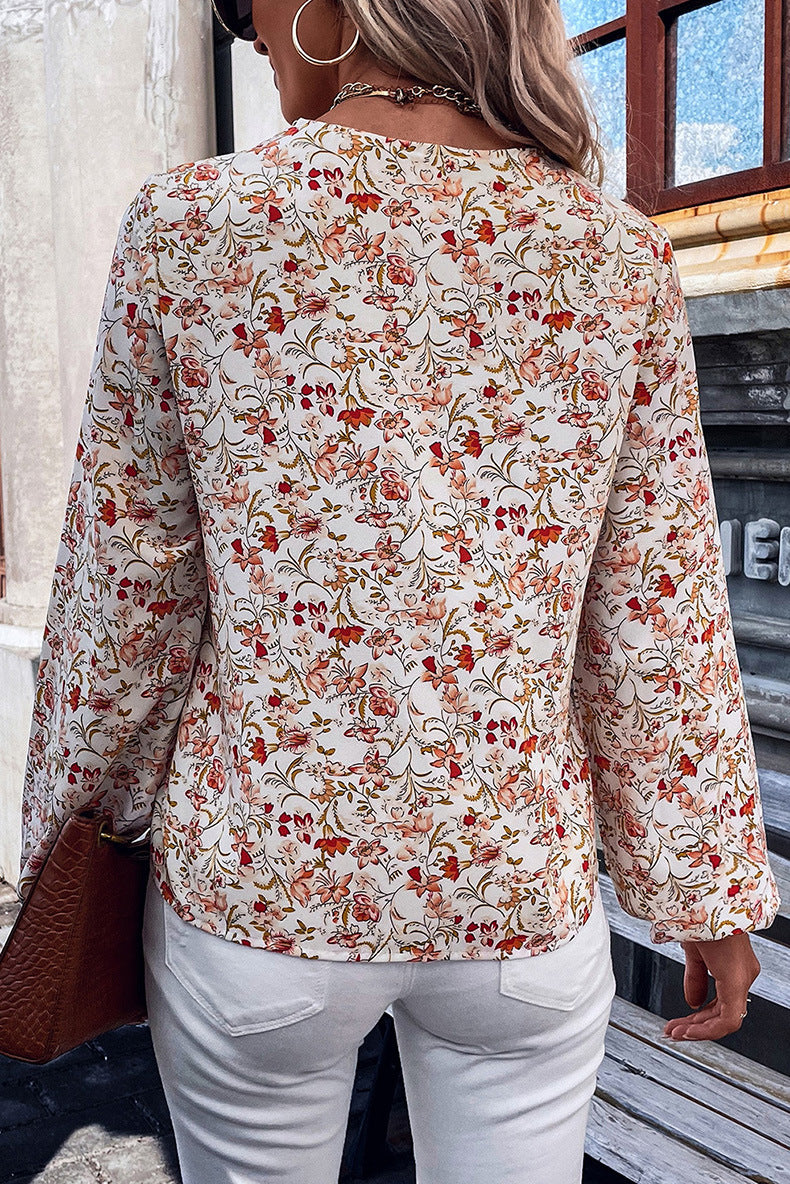 Loose Lace V-neck Chiffon Shirt For Women New Floral Printed Long-sleeved Top Women