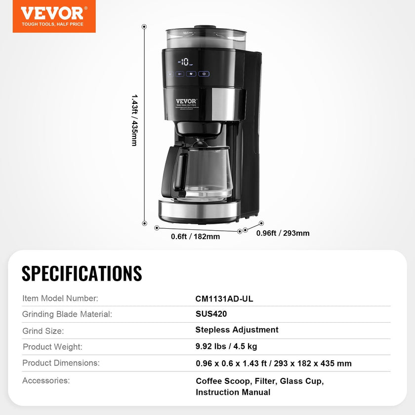 VEVOR 10-Cup Coffee Maker Drip Coffee Machine With 3 Brew Strength Control