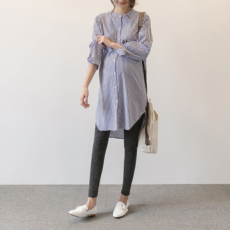Spring and Autumn maternity dress new Korean version of the pregnant women shirt skirt long-sleeved pregnant women shirt striped stand collar long dress