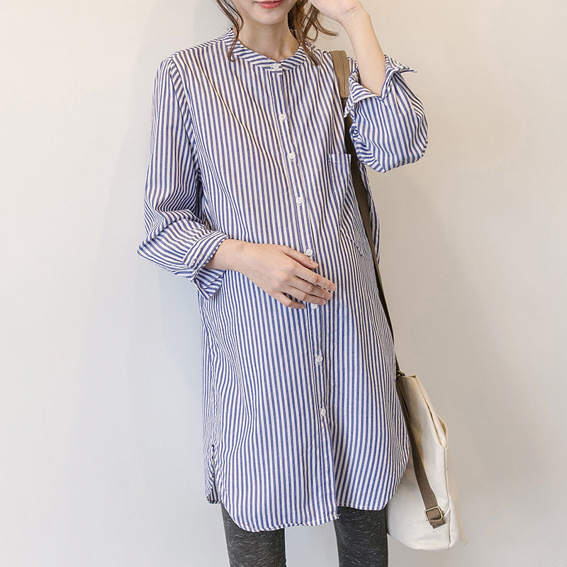 Spring and Autumn maternity dress new Korean version of the pregnant women shirt skirt long-sleeved pregnant women shirt striped stand collar long dress