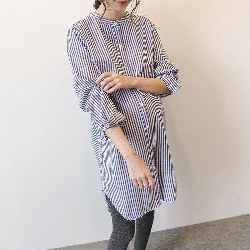 Spring and Autumn maternity dress new Korean version of the pregnant women shirt skirt long-sleeved pregnant women shirt striped stand collar long dress