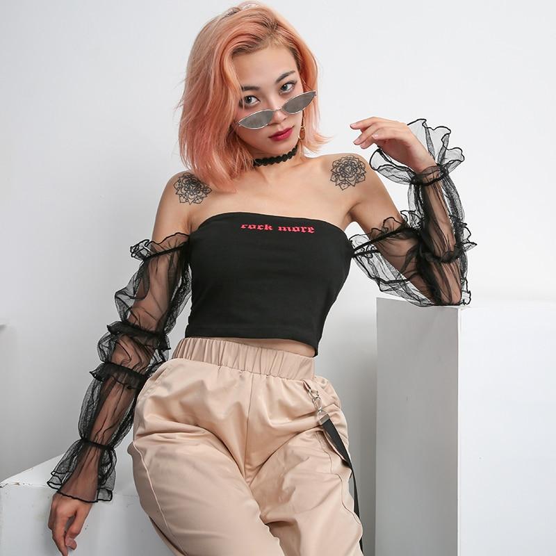 new sexy word shoulder tube top mesh long-sleeved umbilical shirt women