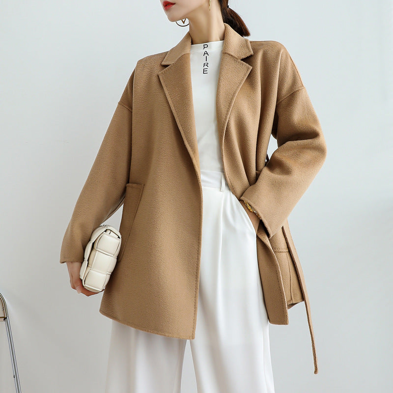 High-end nightgown water ripple double-sided cashmere coat women lace wool