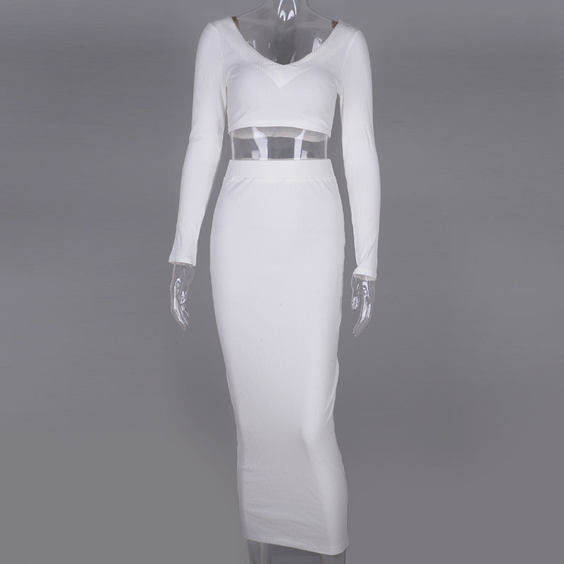Cotton pit strip long sleeve two-piece skirt