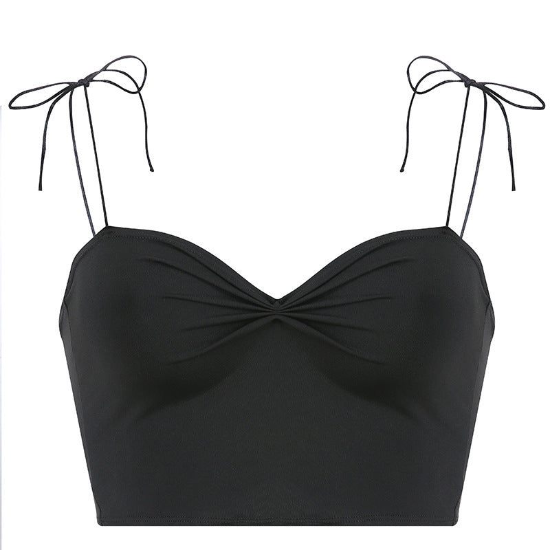 Pure color sexy lace-up pleated camisole women