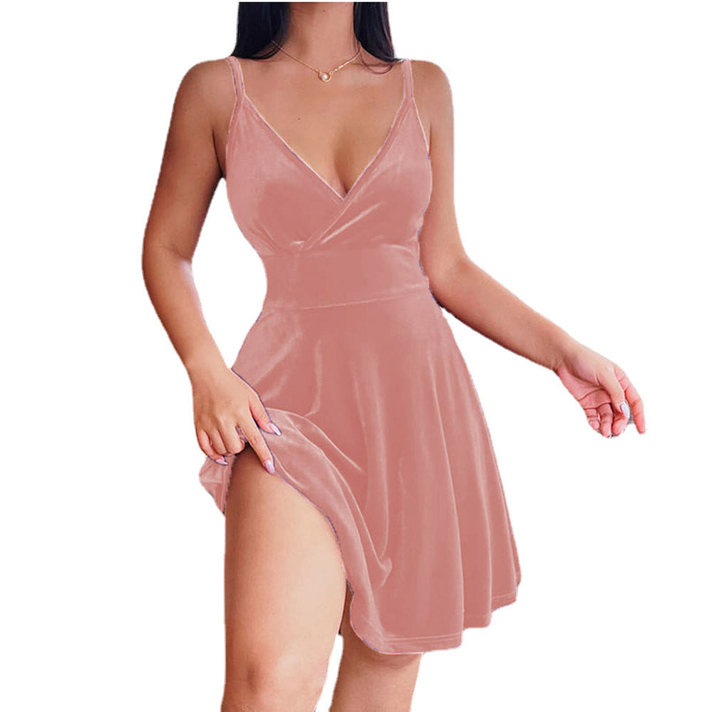 Women's High Waist Low Cut V-Neck Short Skirt Temperament Fashion Party Dress