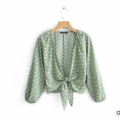 Lantern sleeve polka dot short top