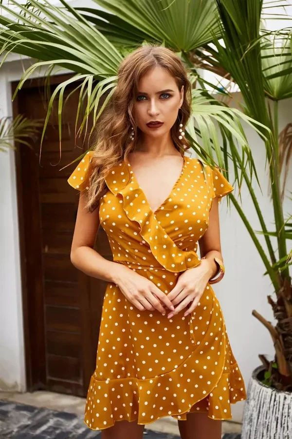 V-neck polka dot dress skirt women
