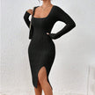 Square Collar Long Sleeve Knitted Dress Women