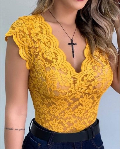 V Neck Lace Vest Top Sleeveless Solid Wire Free Tops