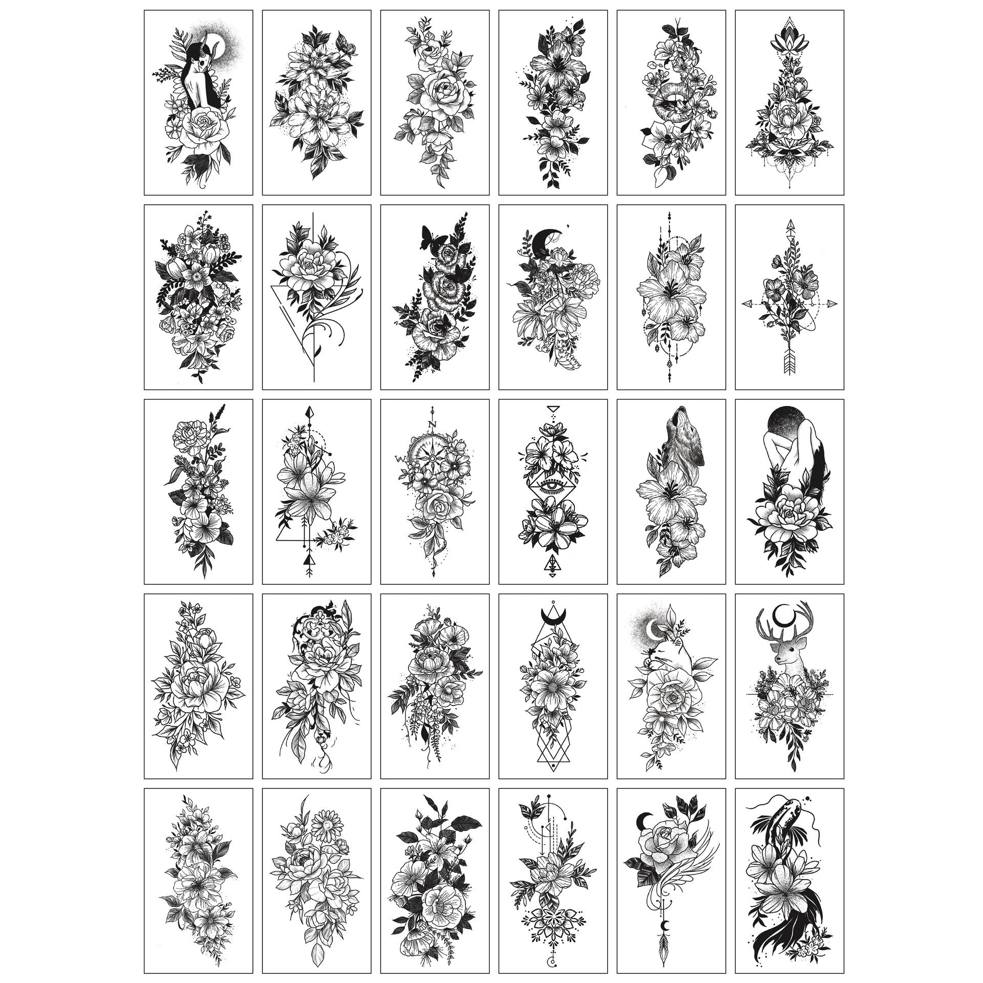 Sketch Flower Tattoo Sticker Black And White Scar Cover Up Rose Temporary Tattoo Sticker Package