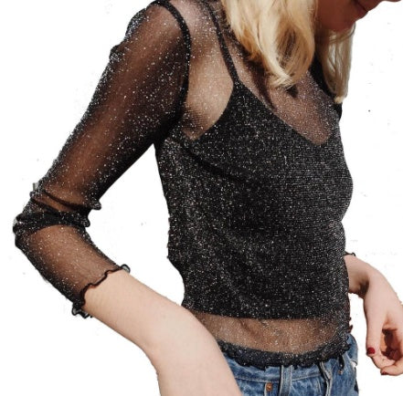 See-through Bright Silk Mesh Slim Fit Long-sleeved Bottoming Shirt For Women