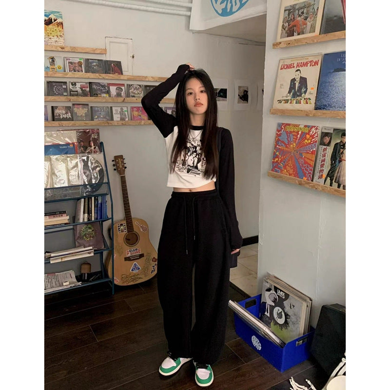 Stitching Contrast Color Cotton Printed Short Top Tight-Fitting Long-Sleeved T-shirt Women Grunge Clothes