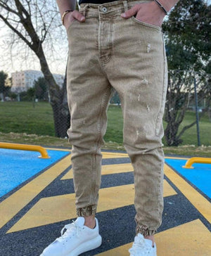 Denim Men's Pants Ripped Trendy Color Slim Fit Denim Ankle Banded Pants Men