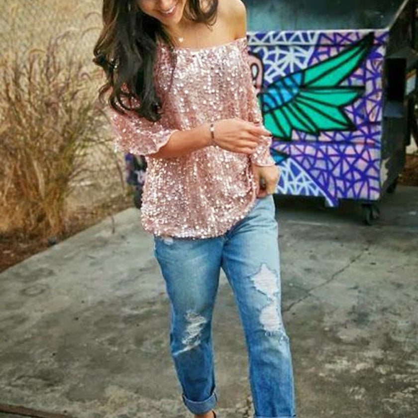 Loose Off Shoulder Sequin Glitter Blouses Summer Casual Shirts Vintage Streetwear Party Tops