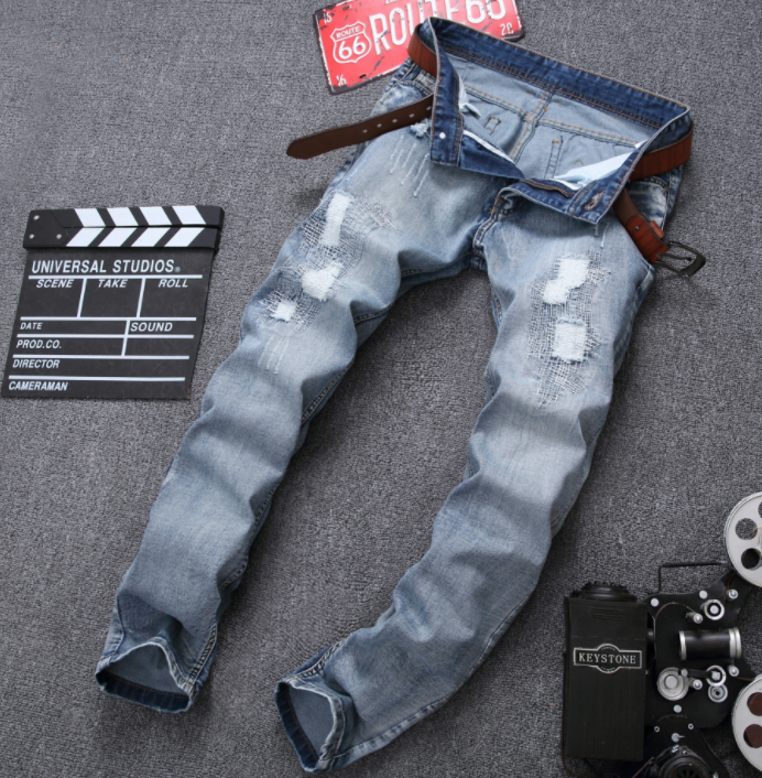 Mens Ripped Jeans Pants Light Blue Slim Fit Distressed Denim Joggers Male Plus Size Jean Trousers