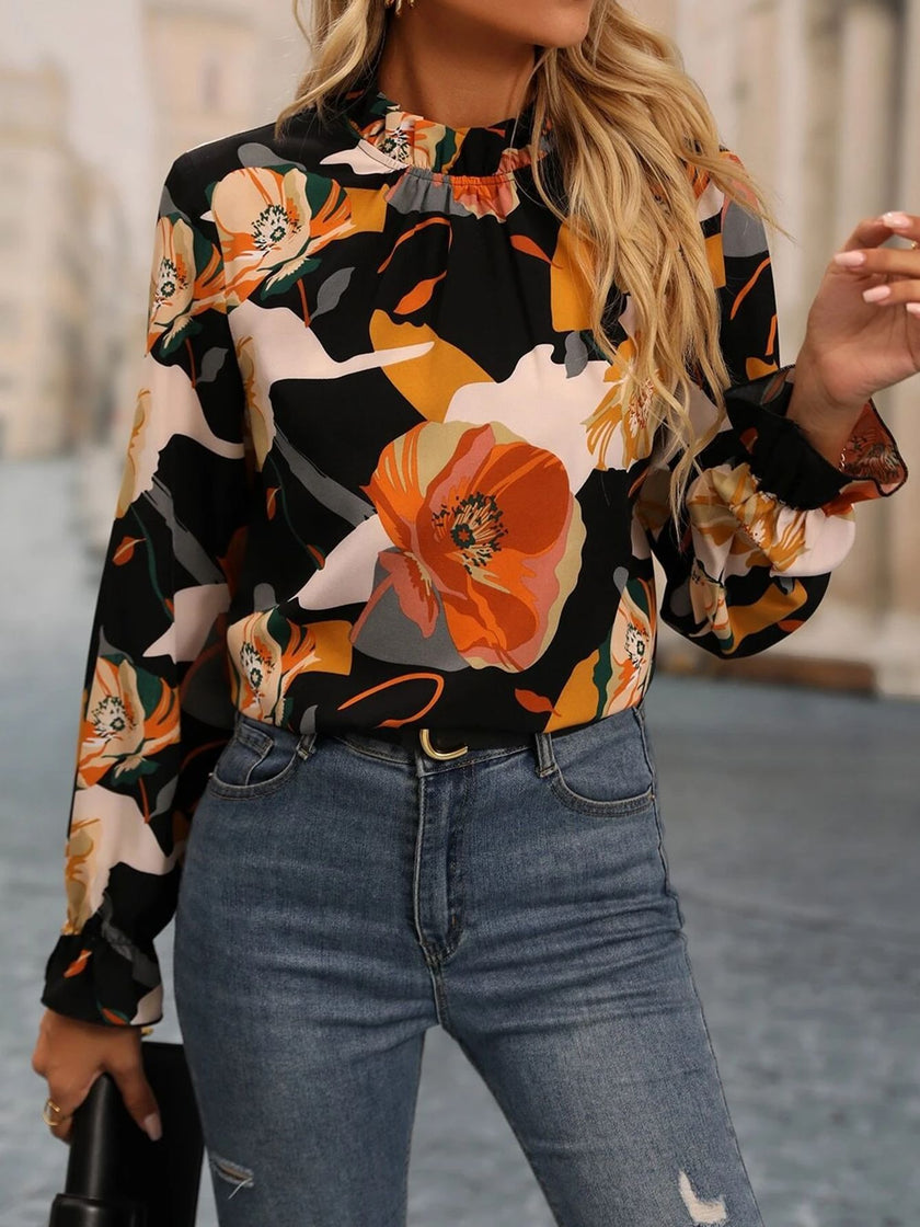 Casual Ruffled Collar Printed Long Sleeve Shirt