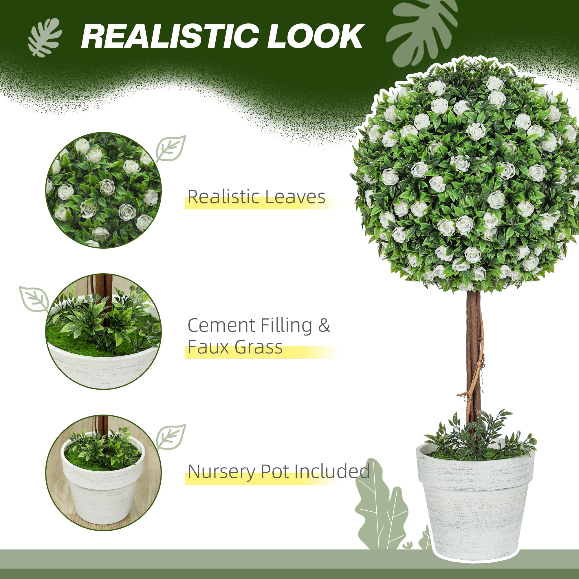 Set Of 2 Decorative Artificial Plants, Ball Topiary Tree With Rose Flower In Pot, Fake Plants For Home Indoor Outdoor Decor, 60cm, White